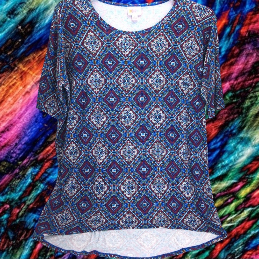 LuLaRoe Irma Aztec Geometric Boho Tunic Top S Blouse Shirt Blue Red Orange Green